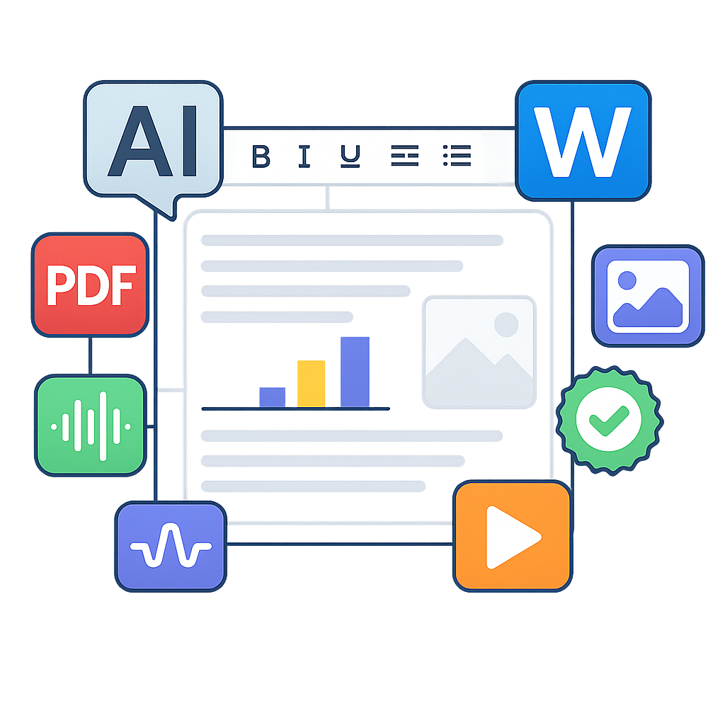 AI Document Generator with Word, PDF, Certificate, Image, Video, and Audio icons